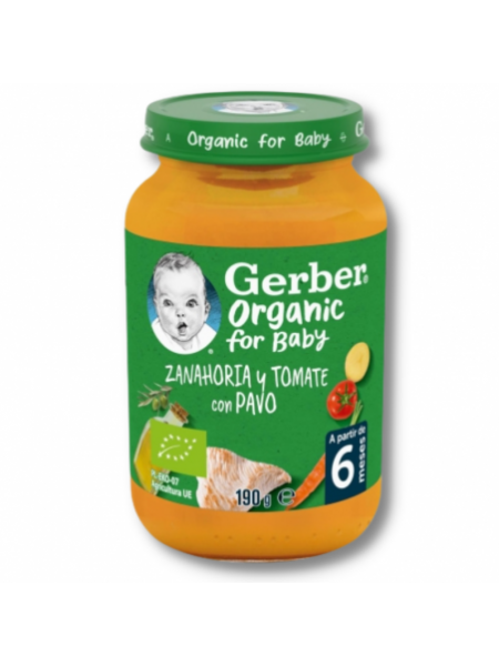 El tarrito de puré para bebés ecológico Gerber Zanahoria, Tomate y Pavo