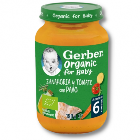 El tarrito de puré para bebés ecológico Gerber Zanahoria, Tomate y Pavo